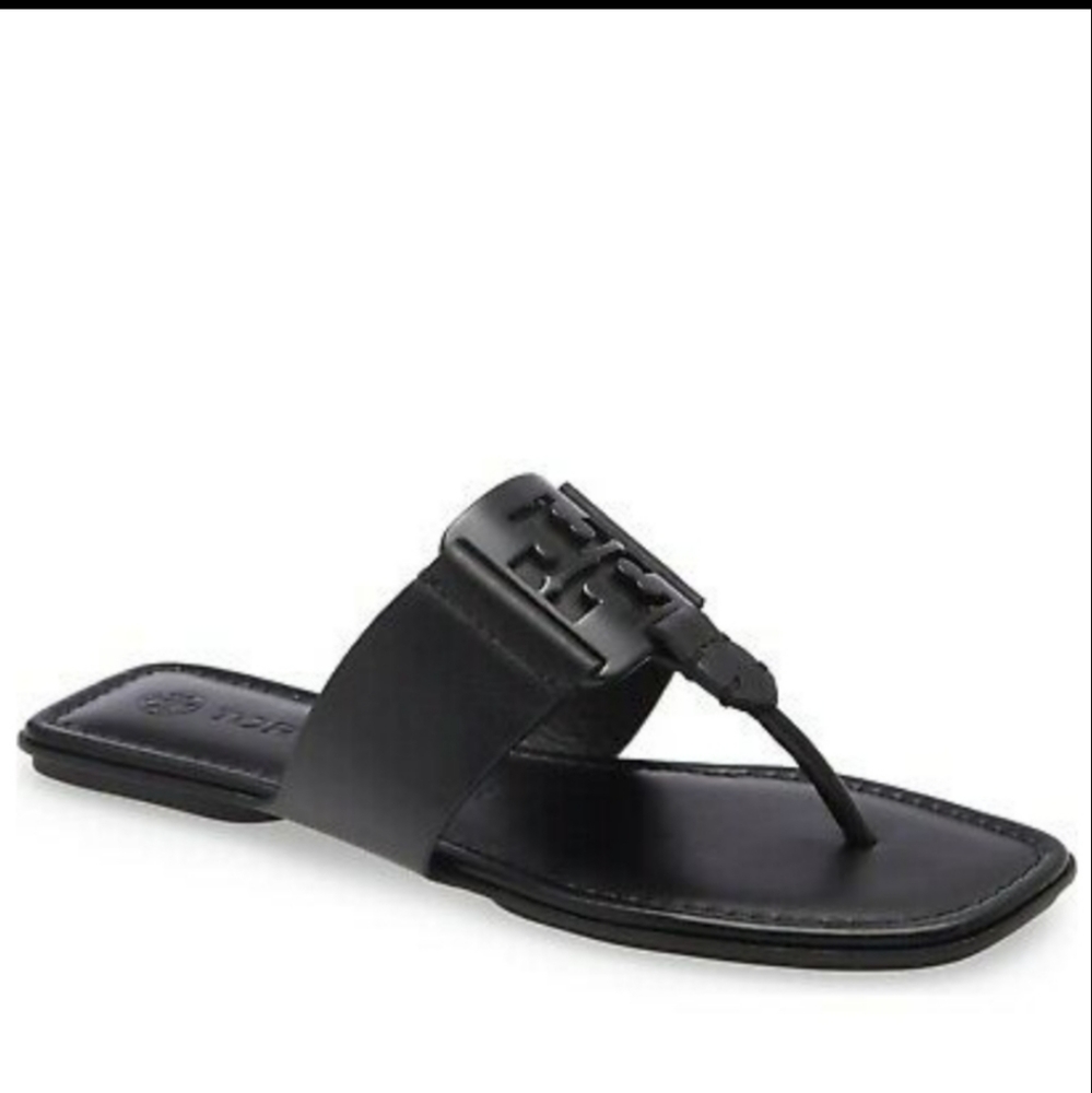 Tory Burch Black Leather Logo Thong Sandals